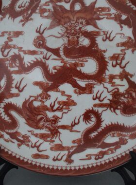 清乾隆矾红五龙盘家居客厅装饰摆盘博古架古风老物件古玩瓷器摆件