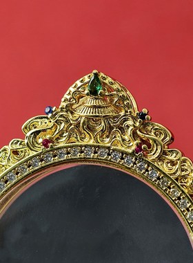 新款藏式宝伞宝i石铜壳嘎乌盒唐卡盒子双面款镶钻圆形吊坠圆形钻