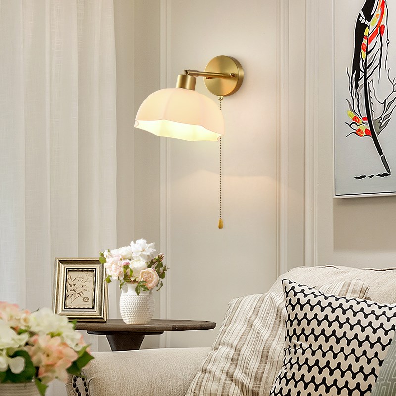 床头壁灯拉线开关客厅壁挂法式奶油风复古卧室美式阅读全铜墙壁灯 - 图2