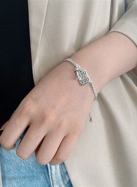 个性哑铃复古英文方牌坦克手链S925纯银韩国冷淡风时尚气质手饰女