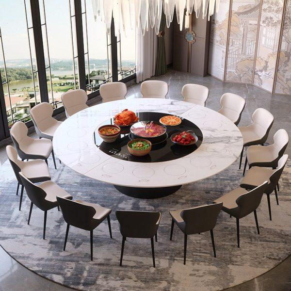 电动内嵌转盘岩板餐桌现代简约带电磁炉餐厅酒店定制大理石大圆桌,淘宝优惠券,粉丝福利购,淘宝优惠卷