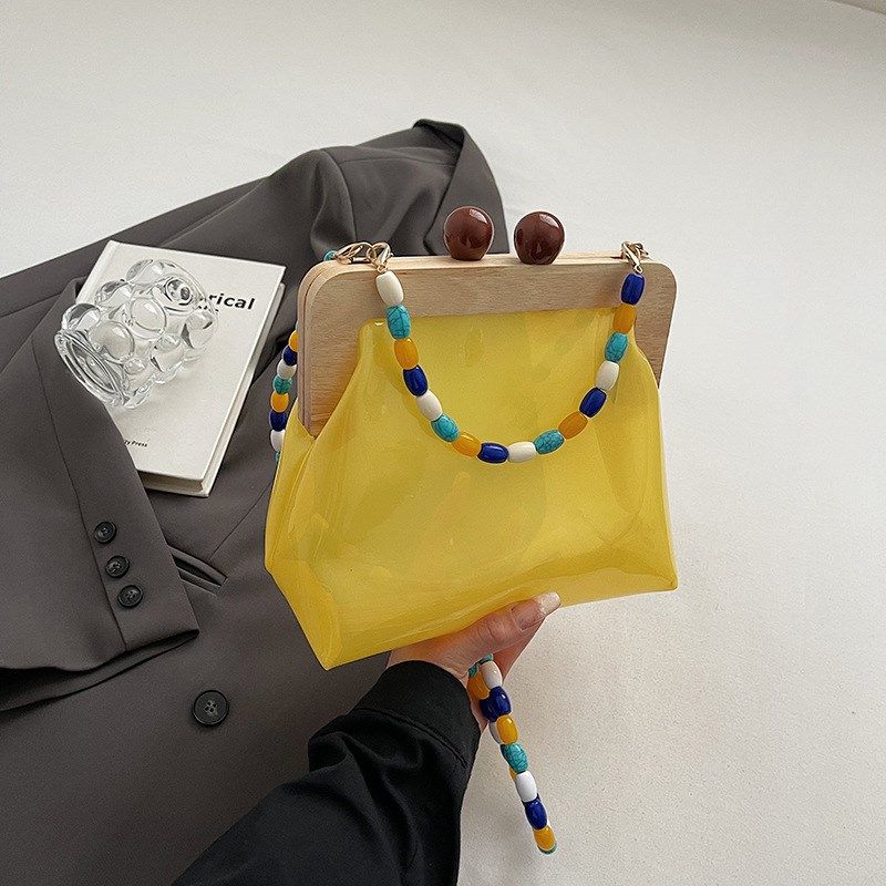 2024新款复古网红个性木头转锁链条夹口包时尚pu贝壳手提斜挎包潮,淘宝优惠券,粉丝福利购,淘宝优惠卷