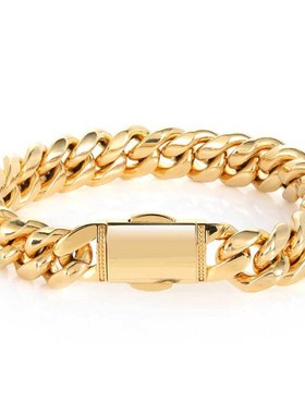 欧美嘻哈弹簧扣头不锈钢古巴链真金电镀钛钢圆磨加密手链厂家直销