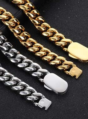 欧美嘻哈不锈钢圆磨加密古巴项链单边弹簧扣钛钢饰品男士项链