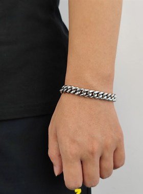 欧美单边弹簧扣不锈钢古巴手链潮牌嘻哈钛钢18K金男士手链