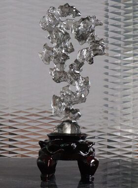 现代新中式透明假山太湖石头摆件木底座禅意玄关样板房软装摆设品