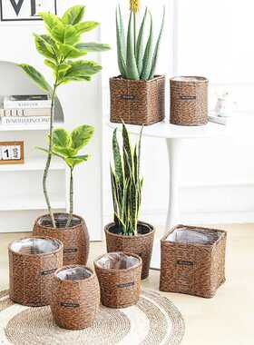 北欧仿藤编花盆家居创意装饰种植绿植绿萝编织竹编装饰落地款花盆