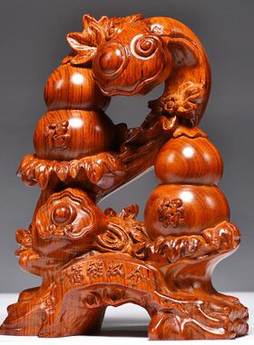 花梨木雕葫芦摆件实木雕刻客厅福禄双全工艺品家居装饰品送礼摆设