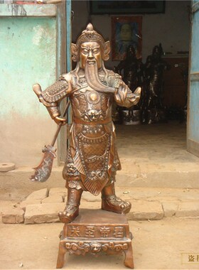 关公骑马拿刀人物雕塑 铸铜关公雕塑厂家 纯铜V彩绘捋须关公像