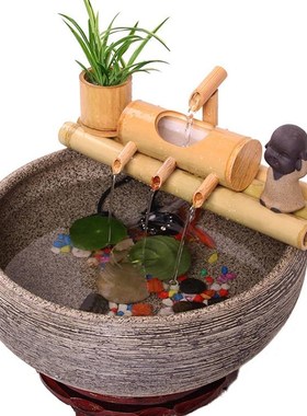 假山流水器水循环陶瓷鱼缸客厅室内装饰竹排S喷泉景观造景摆件