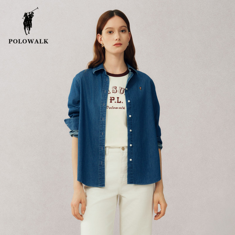 POLOWALK牛仔衬衫女25秋季新款保罗女装时尚休闲纯棉透气衬衣外套,淘宝优惠券,粉丝福利购,淘宝优惠卷
