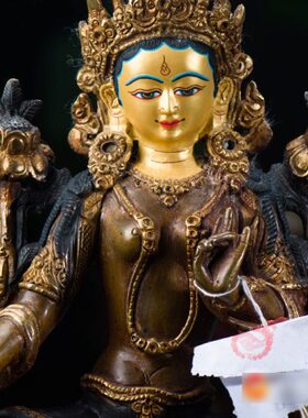 度母铜像摆件尼泊尔手工7寸青铜镀金绿度母铜像