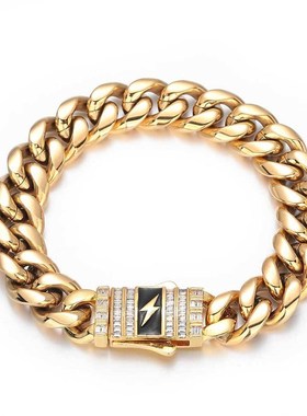 欧美新品闪电锆石弹簧扣不锈钢古巴手链跨境嘻哈钛钢饰品男士手链