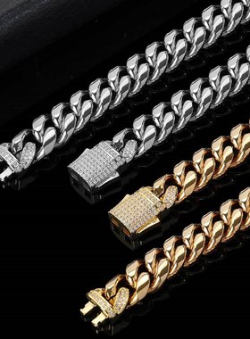 欧美跨境锆石弹簧扣钛钢项链饰品不锈钢古巴链男士嘻哈项链