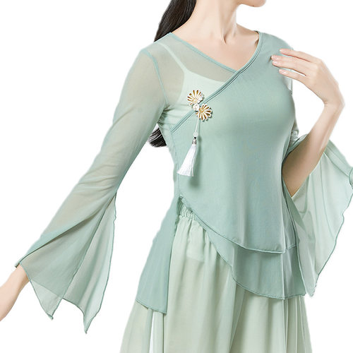 古典舞新款身韵飘逸纱衣演出服女中国风仙女开叉喇叭袖舞蹈上衣女 - 图3