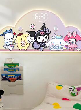 儿童房装饰画壁灯女孩房床头画卡通女童房间挂画卧室带电子钟壁画