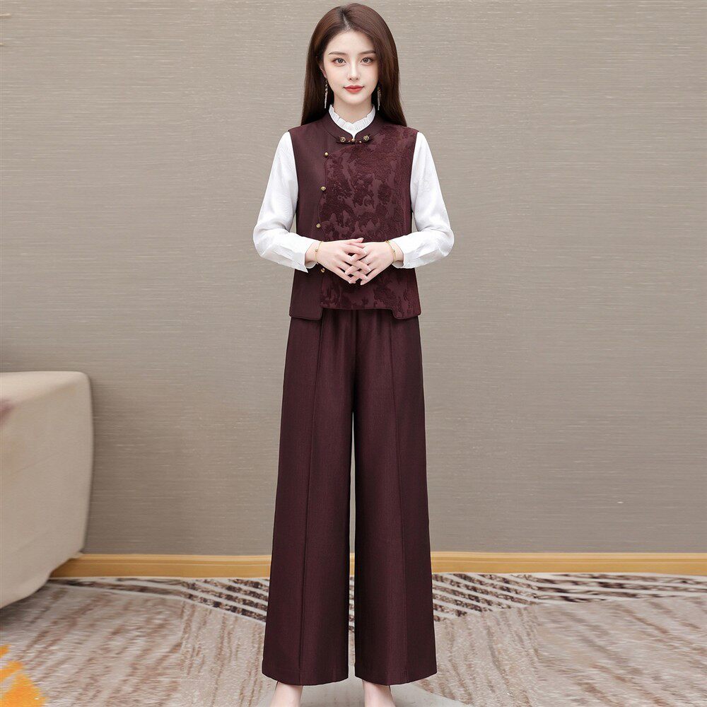 New Chinese style vest and pants two-piece set for women 2026 autumn new temperament middle-aged mother western style casual suit