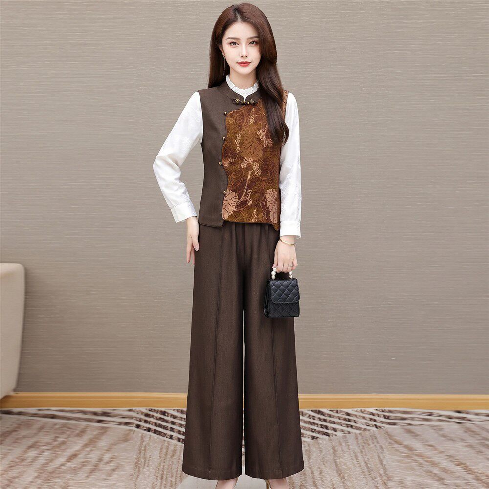 New Chinese style vest and pants two-piece set for women 2026 autumn new temperament middle-aged mother western style casual suit