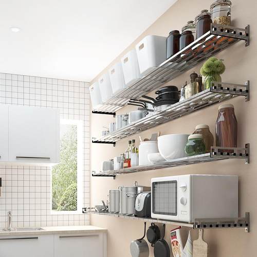 304不锈钢壁挂式厨房置物架微波炉烤箱锅具收纳架一字隔板层板架 - 图1