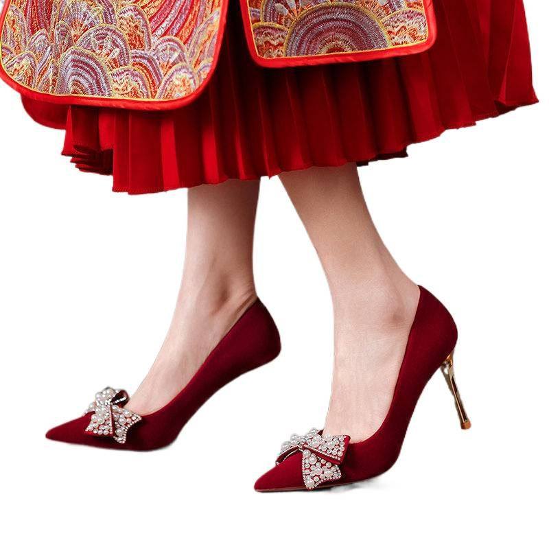 结婚礼服红色婚鞋秀禾婚纱两穿2025新款中式新娘鞋绒面细高跟鞋女,淘宝优惠券,粉丝福利购,淘宝优惠卷