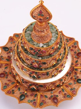 圆莲花尼泊尔手工曼扎盘全套红铜鎏掐丝曼茶I盘曼茶罗修盘10/16cm