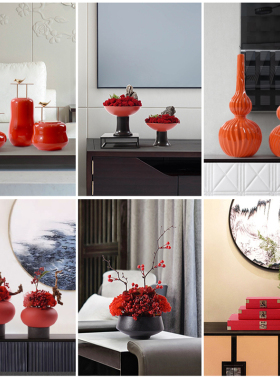 现代新中式软装配饰品玄关红色陶瓷储物罐M书房书柜客厅样板间摆