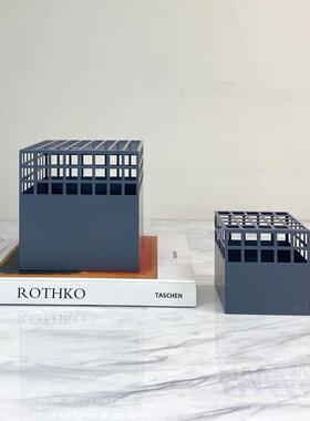 现代简约欧式轻奢黑色金属方形镂空花器摆件样板房售楼处软装饰品