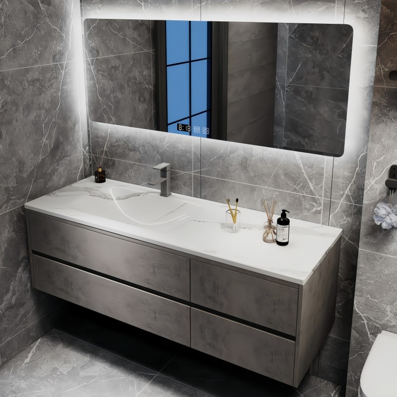 轻奢浴室柜组合j现代岩板热弯一体盆简约卫生间洗手洗脸池智能镜 - 图2