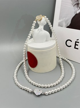 法式复古珍珠项链高级镶锆爱心颈链小众设计轻奢锁骨链女时尚简约