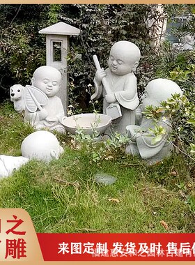 芝麻白633石雕小沙弥佛像加工 砍柴挑水劳作石雕小和尚摆件