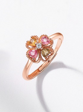 新款时尚流行天然粉碧玺花朵戒指小清新S925纯银镀金彩宝戒指