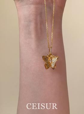 S925纯银满天星闪钻立体蝴蝶项链