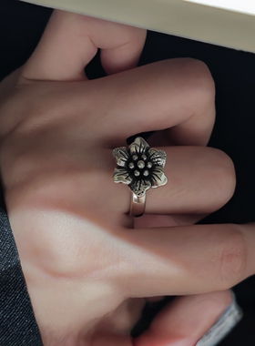 S925纯银中古做旧桃花立体戒指女