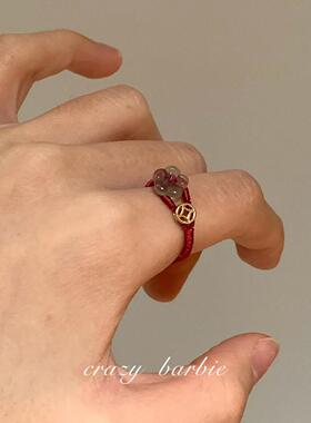 有钱花！红色编绳玉髓小花戒指女