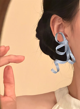甜美风蓝色蝴蝶结丝带耳钉女2026