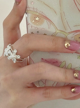S925纯银韩系银色肌理花朵戒指女