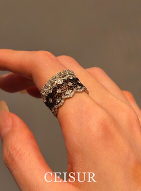 S925纯银黑色镂空蕾丝宽版戒指女