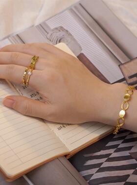 S925纯银中古宽边金色珍珠戒指女