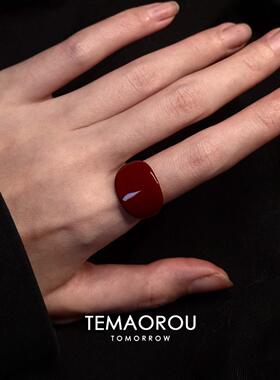 复古朱砂红方型几何戒指小众设计
