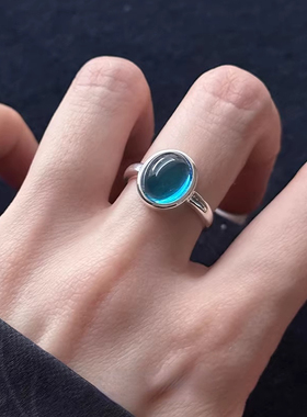 S925纯银冰透蓝色蛋面戒指女小众