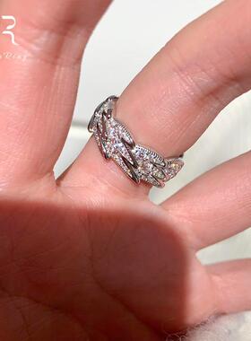 S925纯银闪钻宽版翅膀戒指女小众