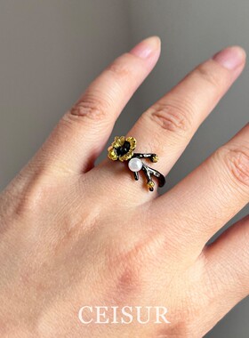 S925纯银双色花朵珍珠戒指女小众