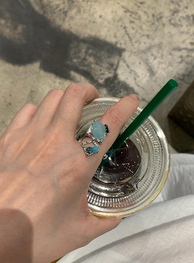 S925纯银中古彩色串珠爱心戒指女