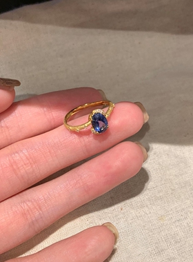 S925纯银法式超闪蓝钻金色戒指女