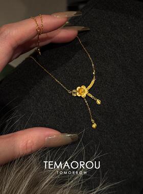 S925纯银金色小桃花流苏吊坠项链