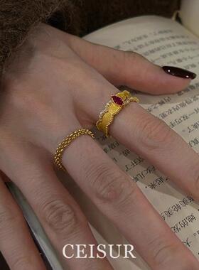 S925纯银金色复古链条戒指女2026