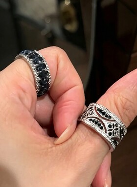 S925纯银中古深蓝色排钻戒指2026