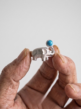 S925纯银中古银色立体小象戒指女