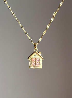 S925纯银闪钻小房子项链女高级感