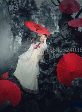 纯手工舞蹈伞绸布油纸伞汉服古代伞红色儿童古装伞成人古典伞2021